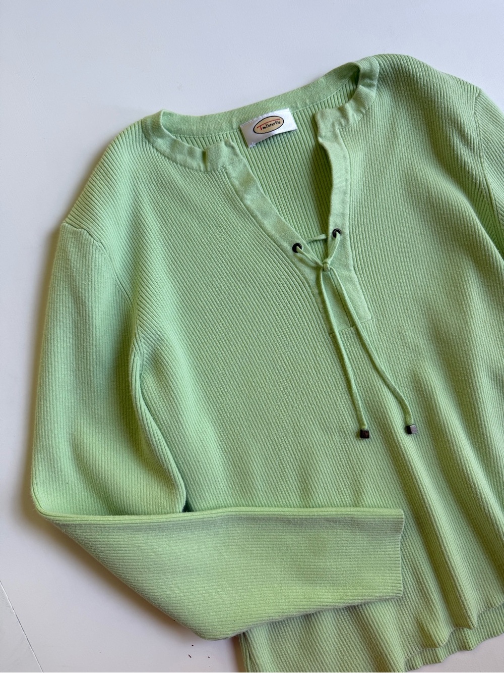 Vintage Y2K Talbots Lime Green Ribbed Lace Up Knit Sweater Size S/M